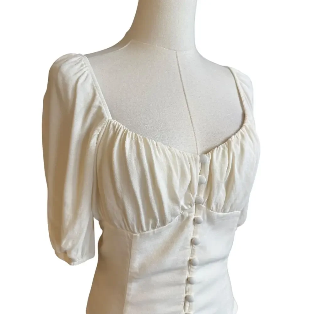 Reformation Buco Ivory Sweetheart Puff Sleeve Button Front Top Size 8 Romantic